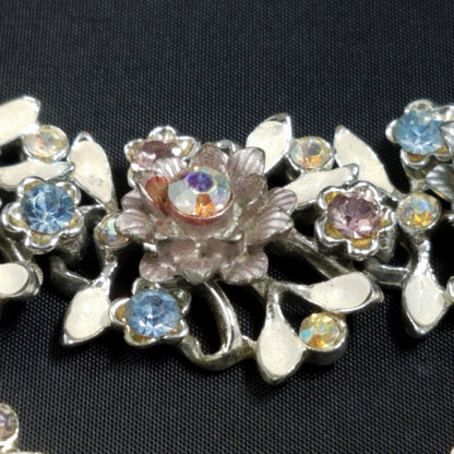 Vintage BSK White Enamel Floral Bracelet Earrings Set Pink Blue AB Rhinestones