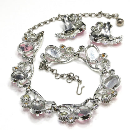 Selro Pink Lucite Necklace & Earrings, Aurora Borealis Pink Rhinestones, 1960s Vintage Jewelry