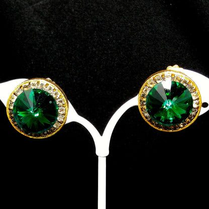 Vintage Green Rivoli Necklace & Earrings, Pave Clear Rhinestones, 1970s Vintage Jewelry