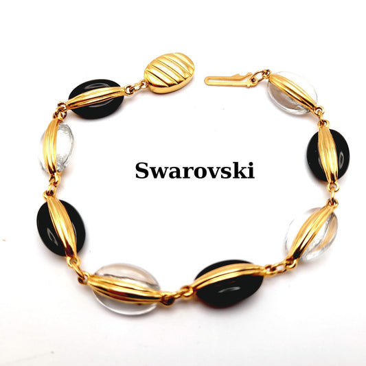Swarovski Black & Clear Crystal Bracelet, Gold Plated, 1990s Vintage Jewelry