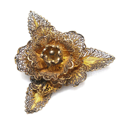 Topazio Portugal Flower Brooch, Silver Vermeil, 1930s Vintage Jewelry