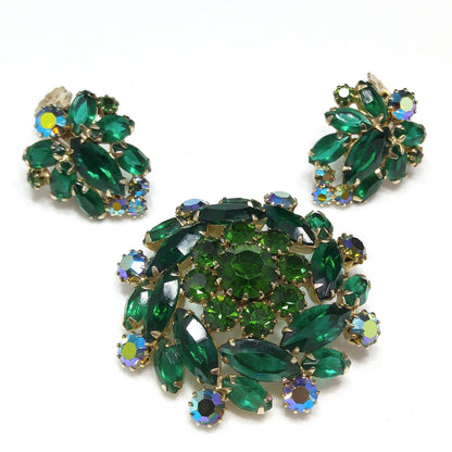 Vintage Weiss Emerald Green Brooch & Earrings, Aurora Borealis, Gold Plated
