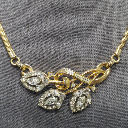 Crown Trifari Rhinestone Pendant Necklace, Snake Chain, 1950s Vintage Jewelry