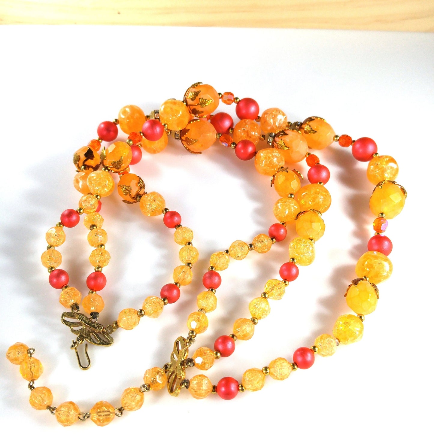 Deauville Lucite Beaded Necklace, 1950s Orange Red 3 Strand Vintage