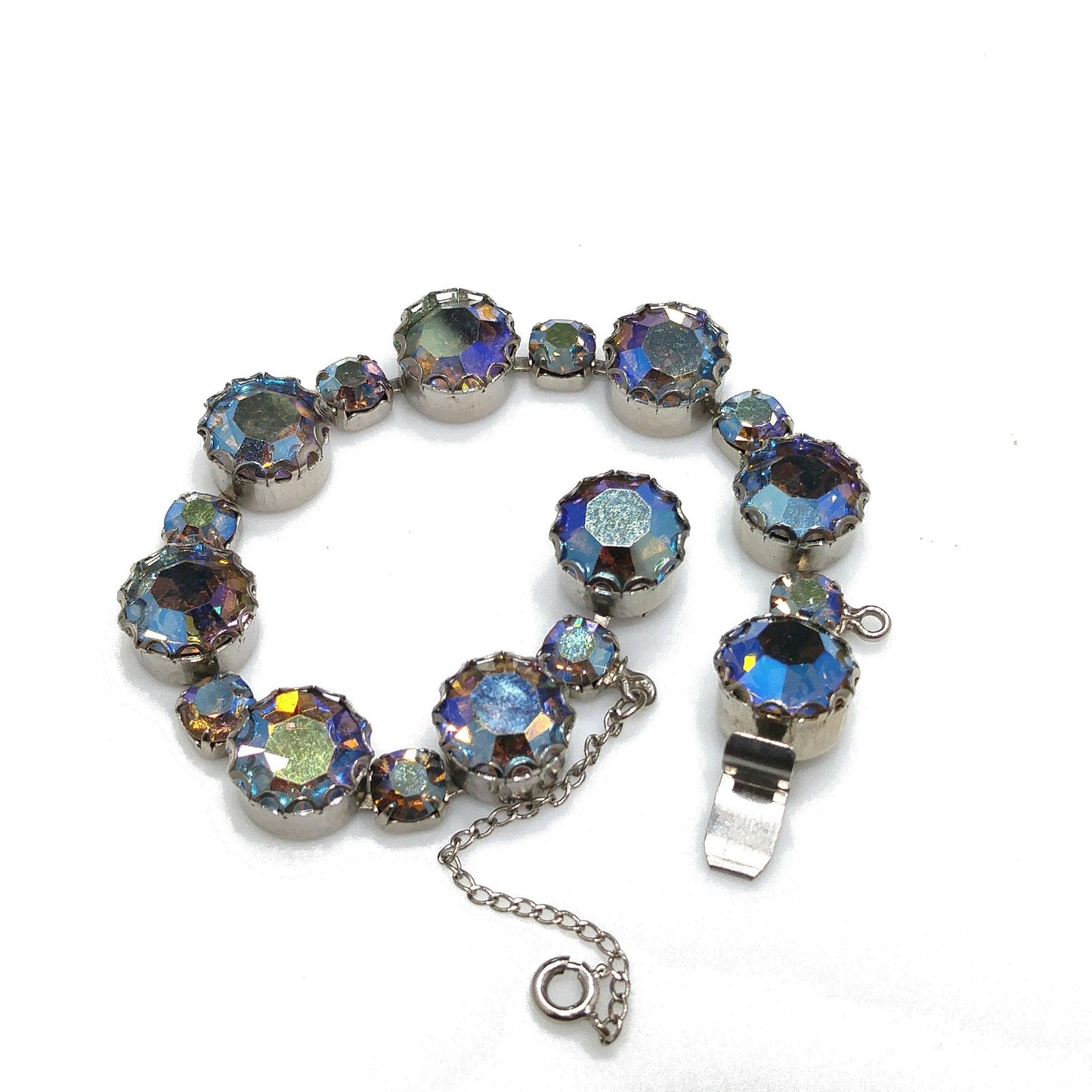 Blue Aurora Borealis Rhinestone Bracelet, Gold Plated, 1960s Vintage Jewelry