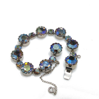 Blue Aurora Borealis Rhinestone Bracelet, Gold Plated, 1960s Vintage Jewelry