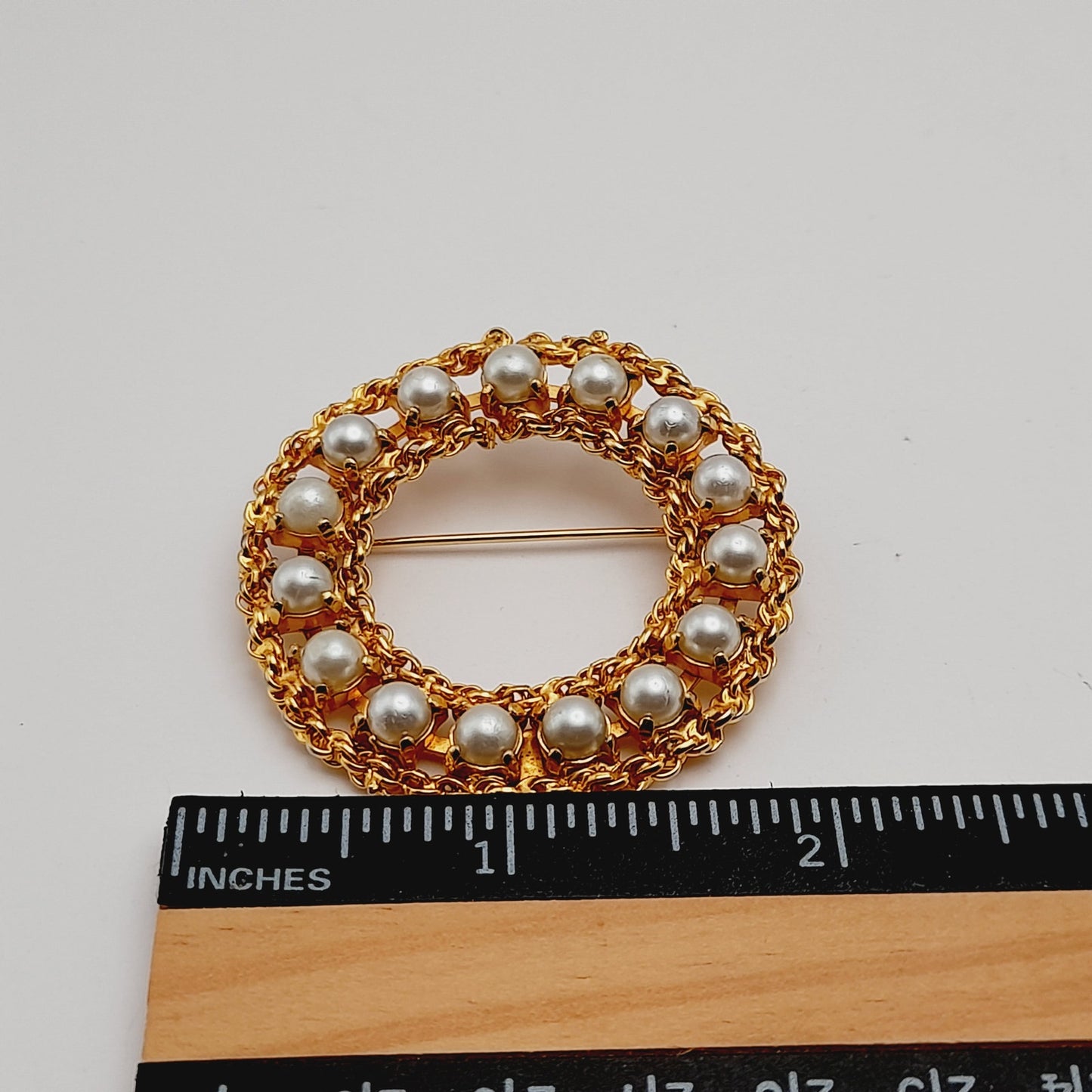 Vintage Signed Hobe Gold Tone Pearl Wreath Brooch - 2 Inches