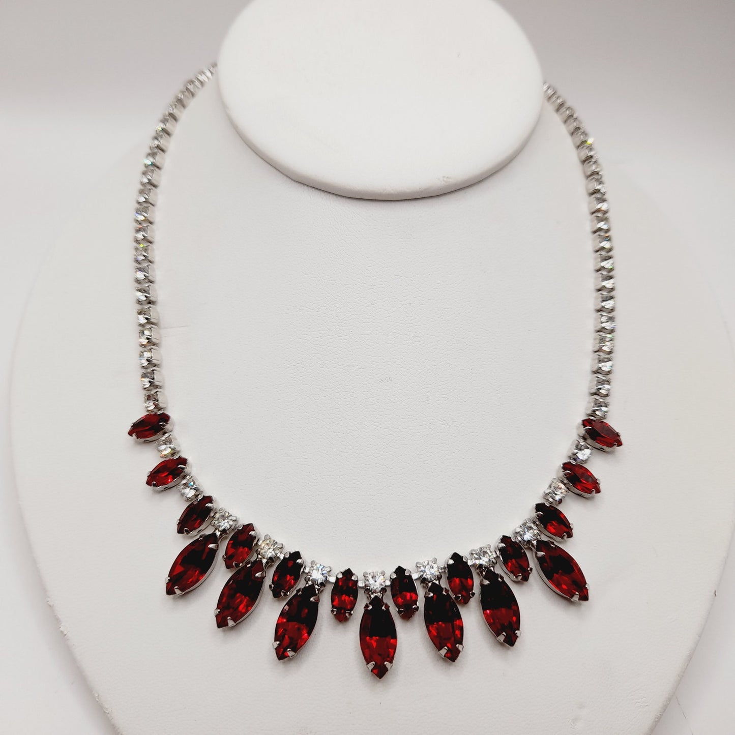 B. David Vintage Red Rhinestone Choker Necklace, Rhodium Plated, 1950s