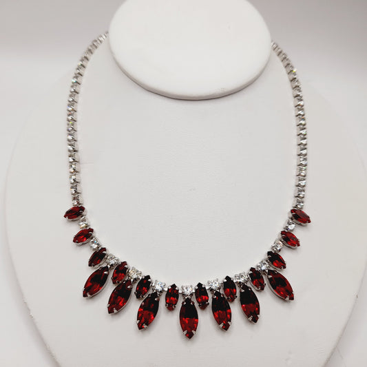 B. David Vintage Red Rhinestone Choker Necklace, Rhodium Plated, 1950s