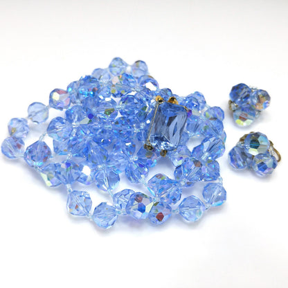 Light Blue Crystal Necklace Clip Earrings Set, Aurora Borealis, 1960s Vintage Jewelry
