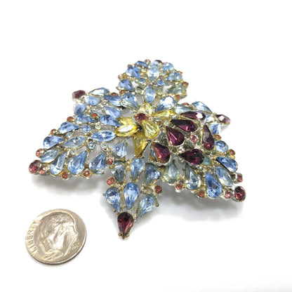 Mid Century Large Rhinestone Orchid Brooch, Light Blue Purple Rhinestones, 1960s Vintage Jewelry