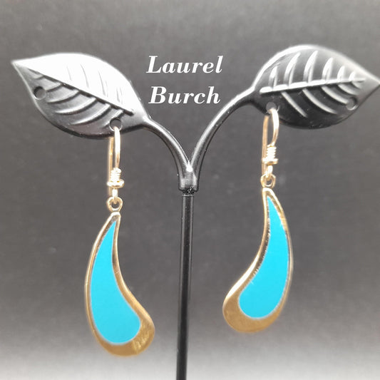Vintage Laurel Burch Turquoise Drop Earrings, Curved Teardrop, Gold Plated