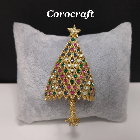 Vintage Corocraft Christmas Tree Brooch Gold Rhinestones 1950 Collectible Signed