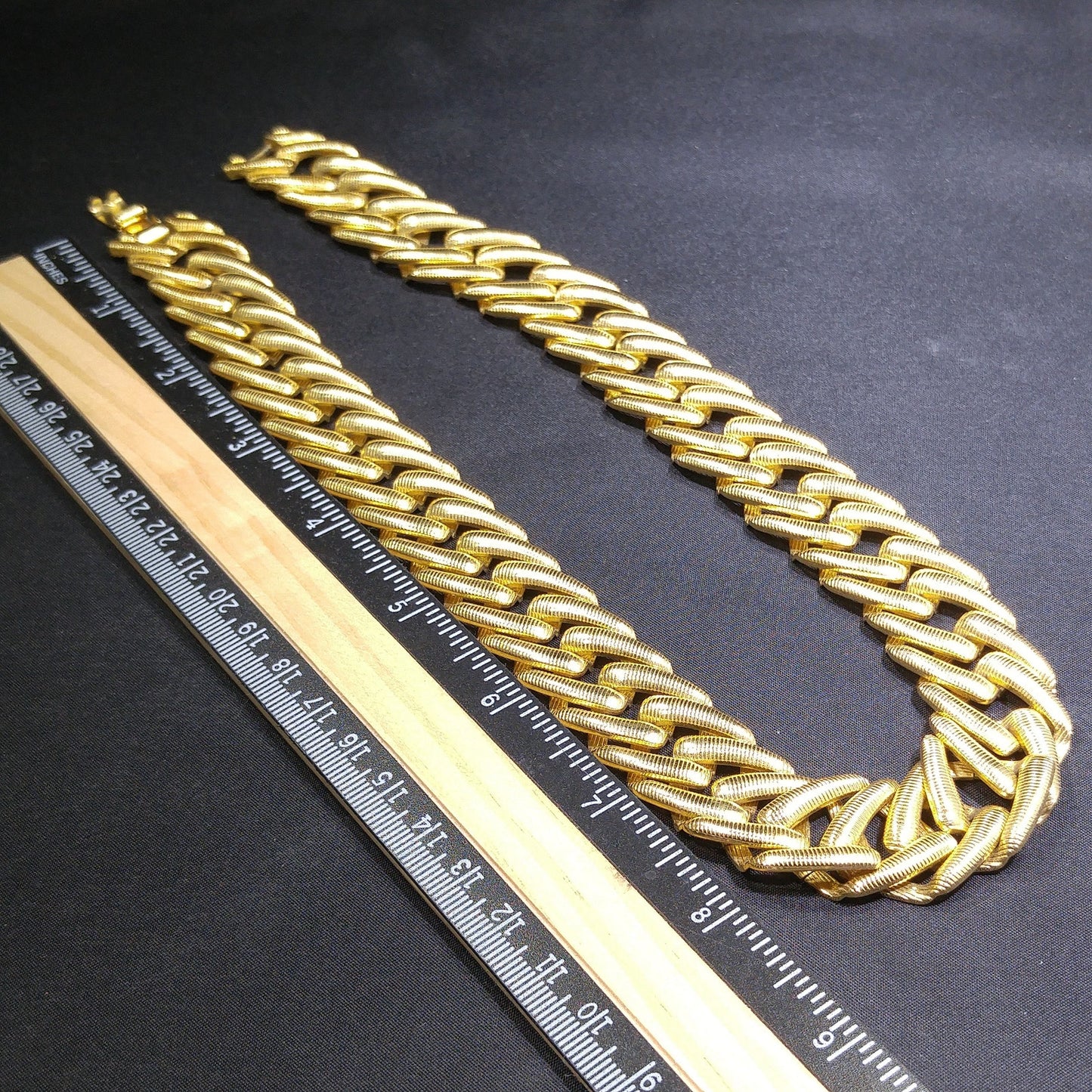 Monet Large Link Wide Necklace, Gold Plated Textured Links, 1960s Vintage Jewelry