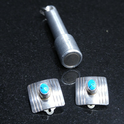 Navajo Frank Ramone Sterling Turquoise Earrings, Small Clip On Earrings, 1970s Vintage Jewelry