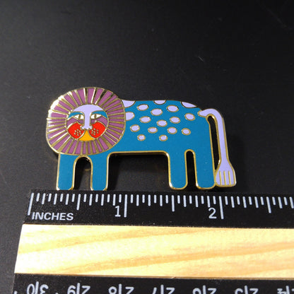 Laurel Burch "Leonardo" Brooch, Blue Enamel Gold Plated Lion, 1980s Vintage