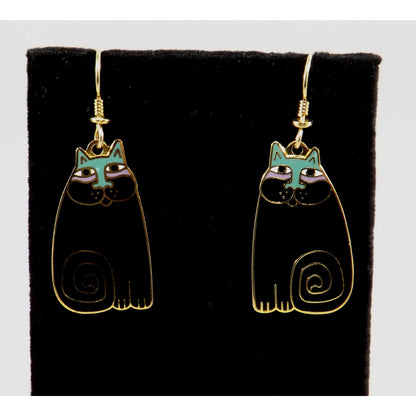 Laurel Burch "Olivia" Cat Earrings, Gold Plated, Black Enamel, 1980s Vintage