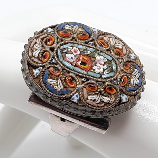 Vintage Micro Mosaic Poison Ring, Stamped Mexico, US Size 7 Adjustable