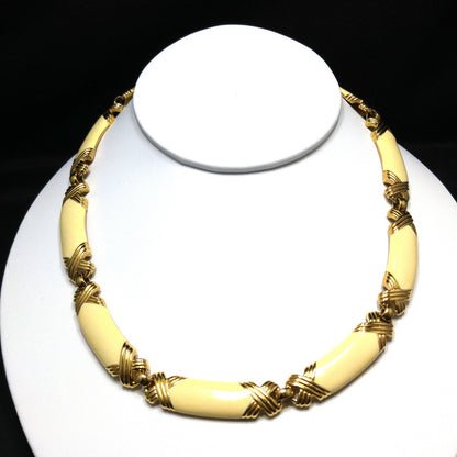Monet Cream Enamel Link Necklace, Gold Plated, 1980s Vintage Jewelry
