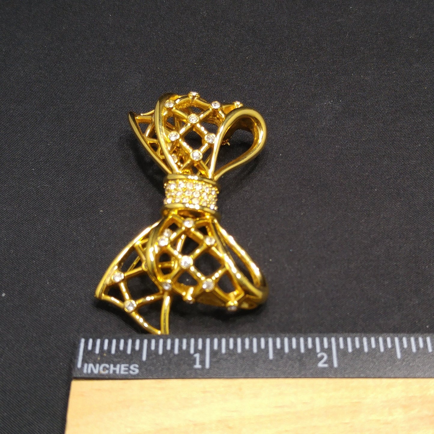Swarovski Gold Bow Brooch, Clear Rhinestones, Vintage 1980s Jewelry