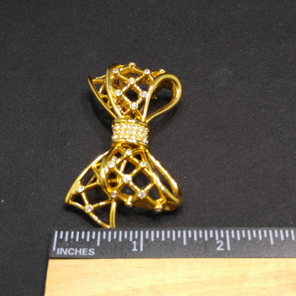 Swarovski Gold Bow Brooch, Clear Rhinestones, Vintage 1980s Jewelry