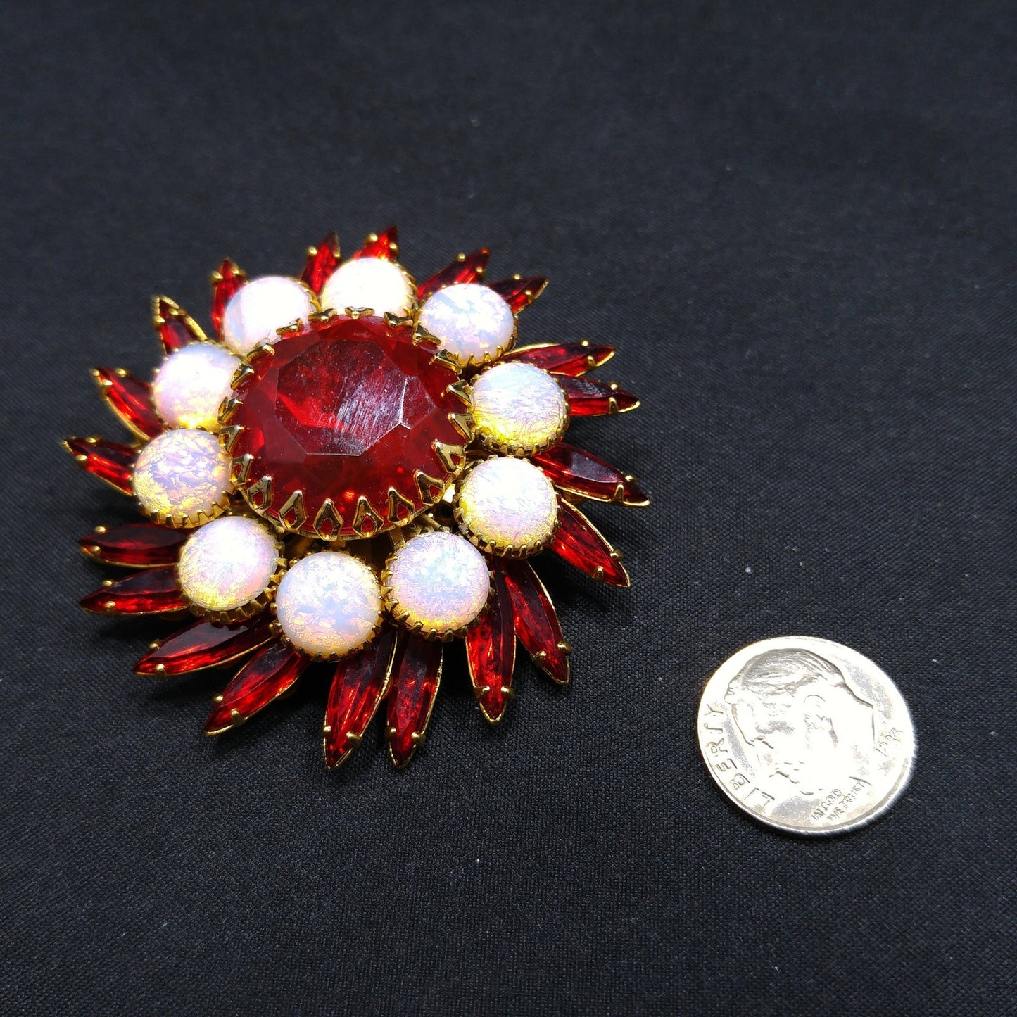 Vintage Judy Lee Faux Fire Opal Red Rhinestone Brooch, Gold Plated, 1960s