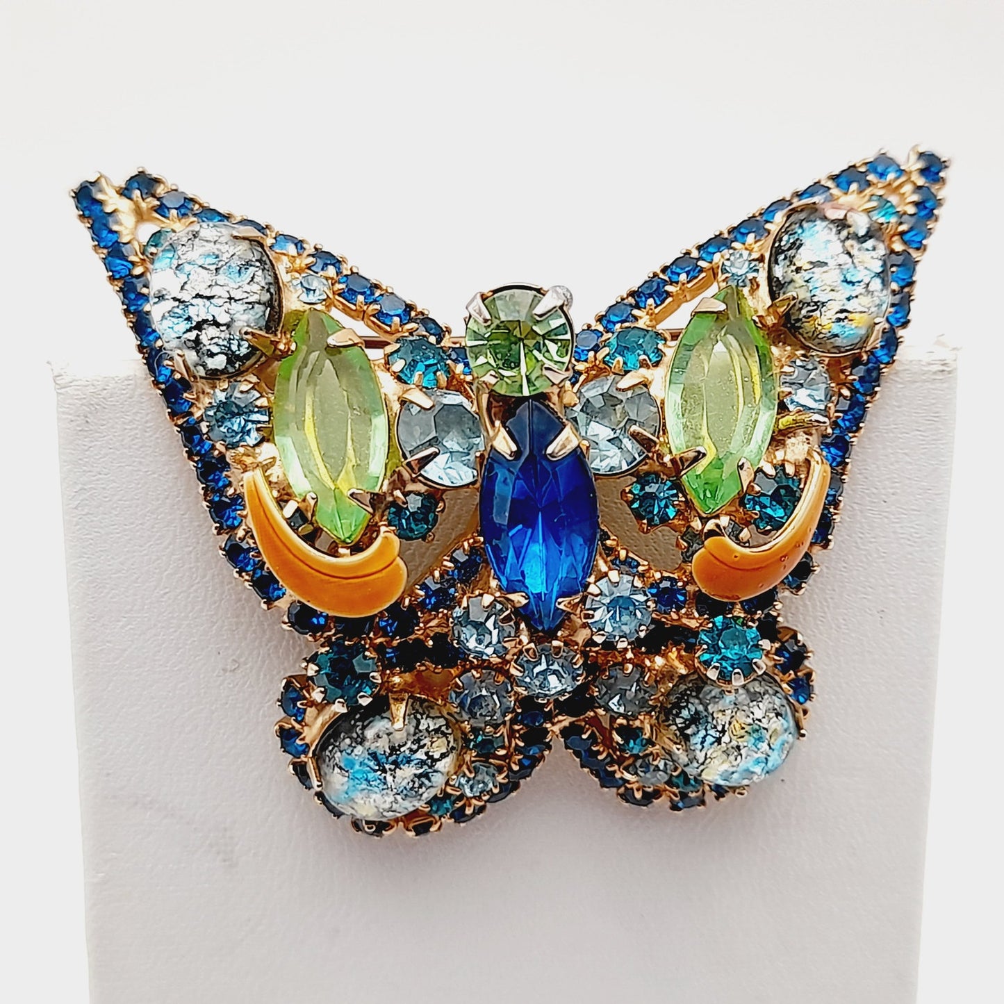 Vintage Butterfly Rhinestone Brooch – Sapphire Blue, Green & Art Glass Cabochon, Gold Tone Statement Jewelry