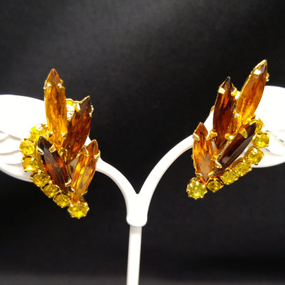 Yellow Topaz Rhinestones Brooch & Earrings, Gold Plated, 1960s Vintage Jewelry
