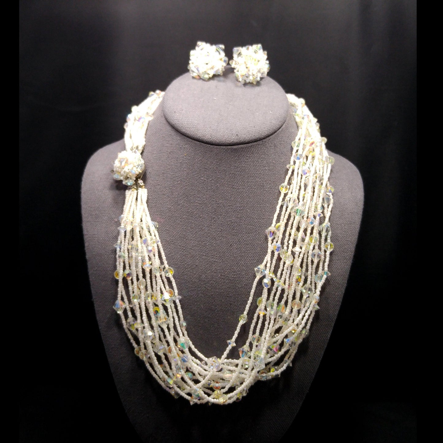 Vendome Seed Bead Aurora Borealis Crystal Necklace Earrings Set, Beaded Claps, 14 Strands, 1960s Vintage Jewelry