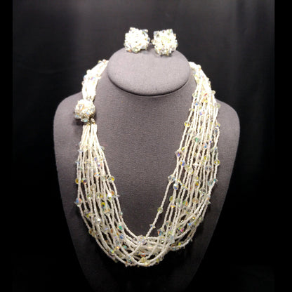 Vendome 1960s AB Crystal White Seed Bead Necklace Earrings Set Vintage