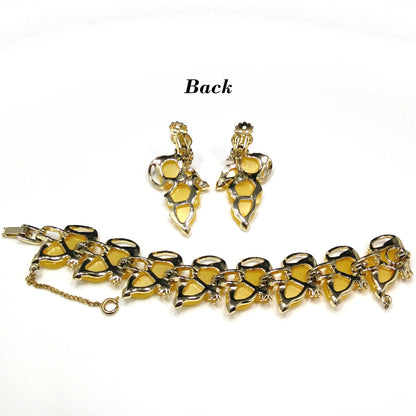Yellow Thermoset Leaves Bracelet & Earrings, Gold Plated, Ear Climbers, 1960s Vintage Jewelry