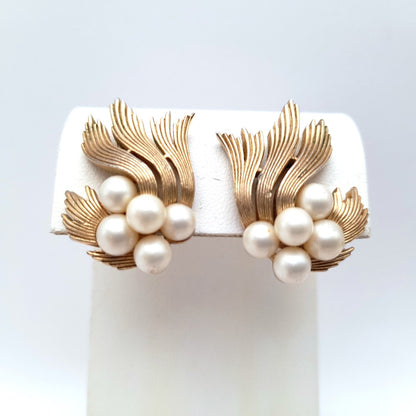 Vintage Crown Trifari Faux Pearl Clip Earrings – Gold Tone Designer Jewelry