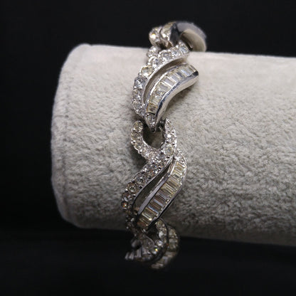 Kramer of New York Clear Rhinestone Bracelet, Rhodium Plated, Safety Chain, 1950s Vintage Jewelry