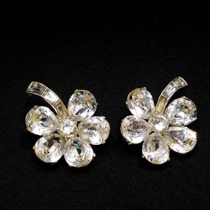 Bogoff Clear Rhinestone Floral Earrings, Rhodium Plated, Wedding Earrings, 1950s Vintage Jewelry