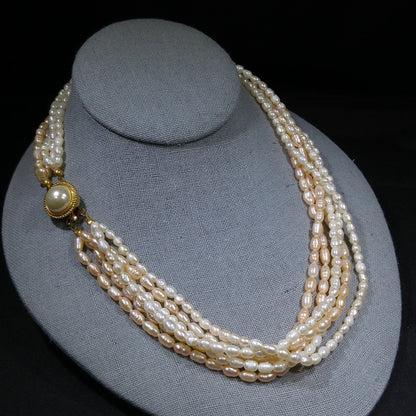 Fresh Water Pearl Necklace, 6 Strands, Silver Gold Plated Clasp, 1980s Vintage Jewelry