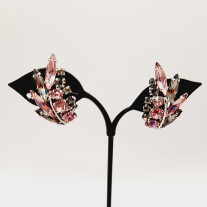 Vintage Sherman Pink Silver Floral Spray Rhodium Plated Clip Earrings