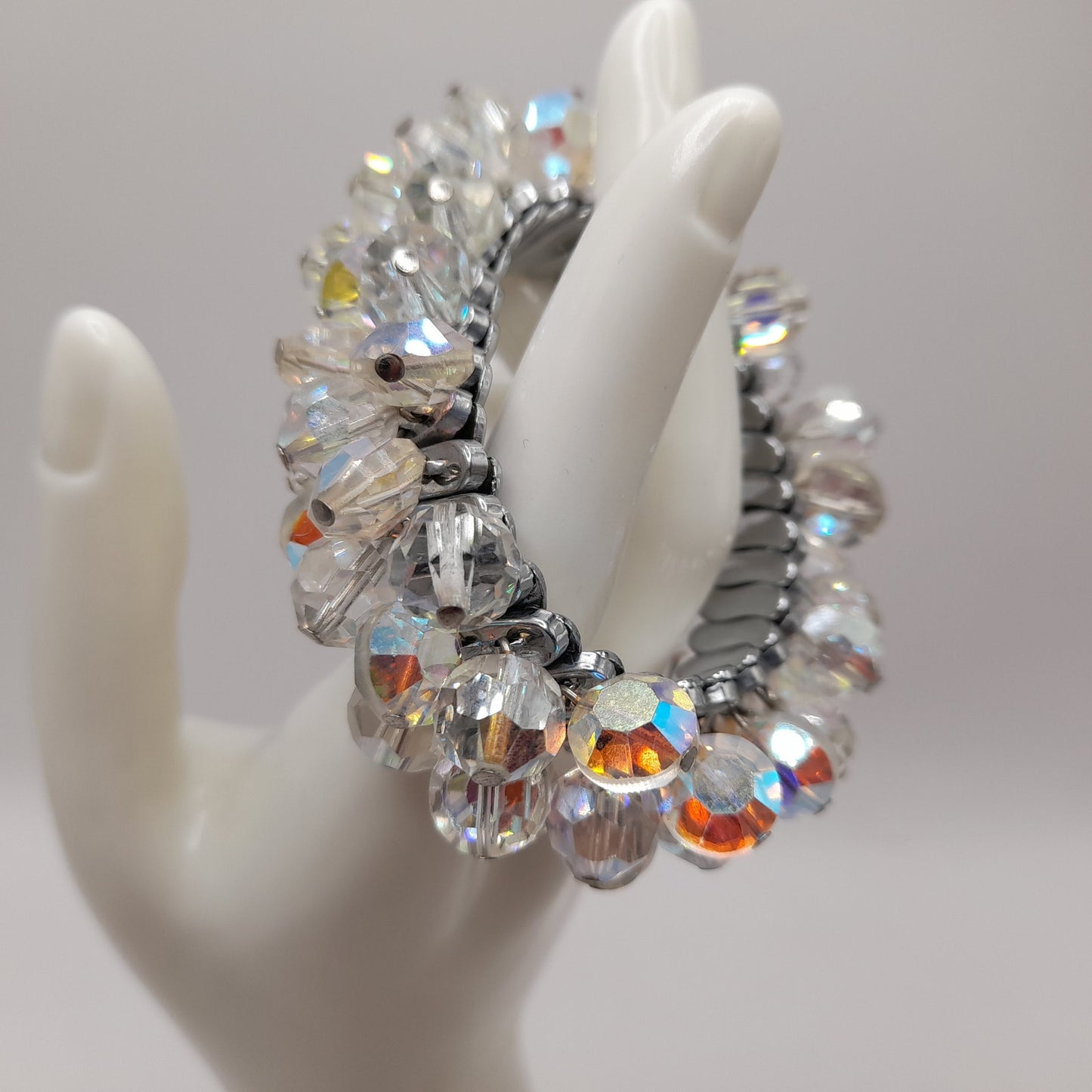 Vintage Aurora Borealis Crystal Cha-Cha Stretch Bracelet 10mm Beads