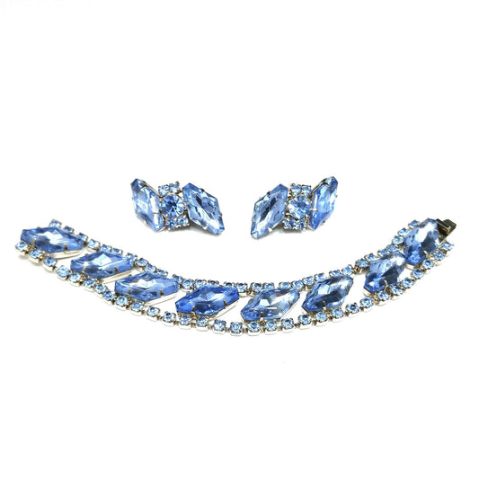 Light Blue Rhinestone Bracelet & Clip Earrings, Rhodium Plated, Ear Climbers, 1960s Vintage Jewelry