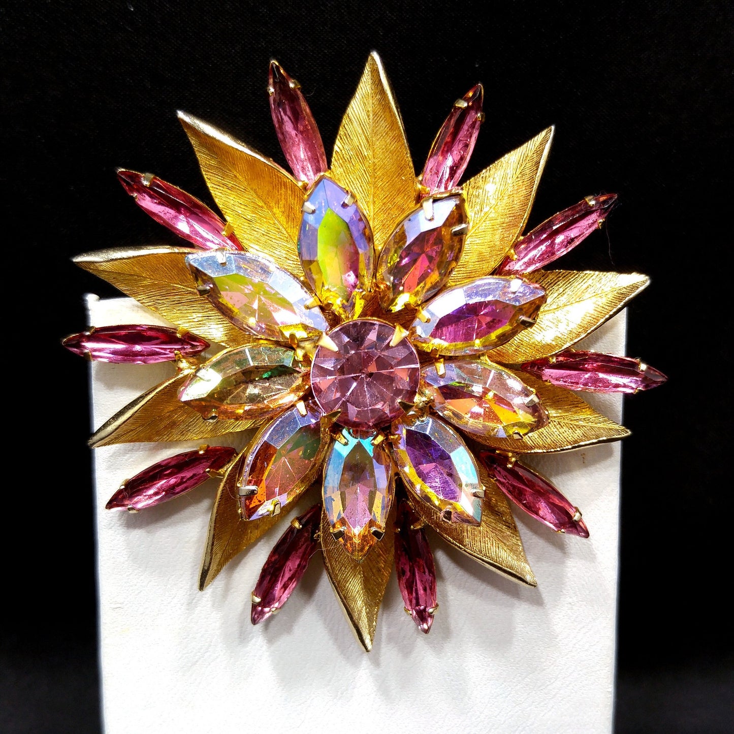 Pink Aurora Borealis Flower Brooch, Gold Plated, Light Dark Pink Rhinestones, 1960s Vintage Jewelry
