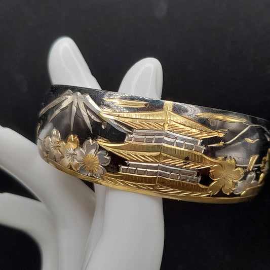 Vintage Japanese Sterling Cuff Bracelet, Mt. Fuji Pagoda Japanese Scene Panorama, 1960s Jewelry