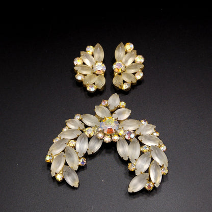 Frosty Rhinestone Brooch & Clip Earrings, Aurora Borealis, Gold Plated, 1960s Vintage Jewelry