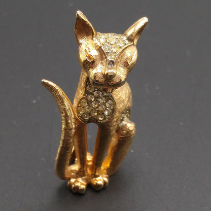 Eisenberg Pave Rhinestone Cat Brooch, Gold Plated, 1950s Vintage Jewelry
