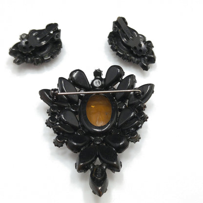 Vintage Weiss Japanned Topaz Rhinestone Brooch & Earrings