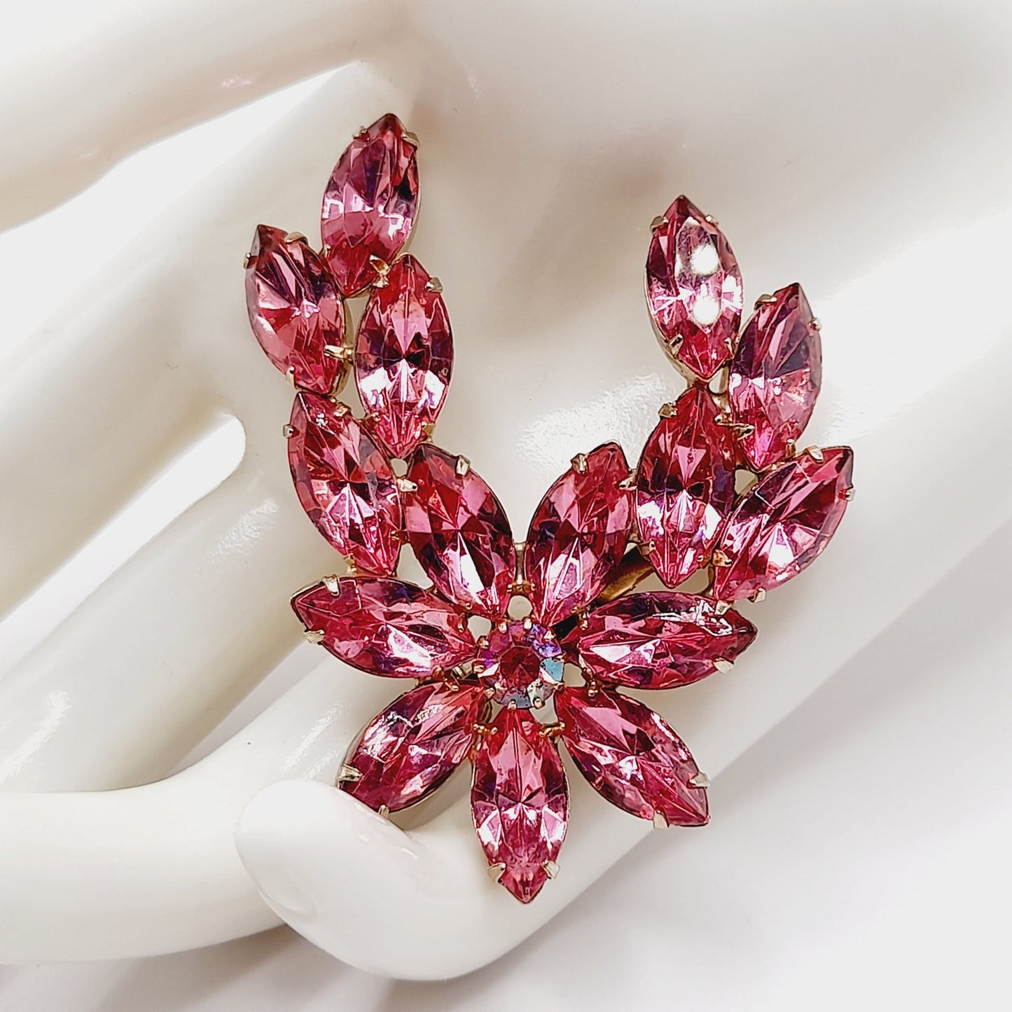 Vintage Pink Rhinestone Floral Brooch, Marquise Stones, 1950s Jewelry
