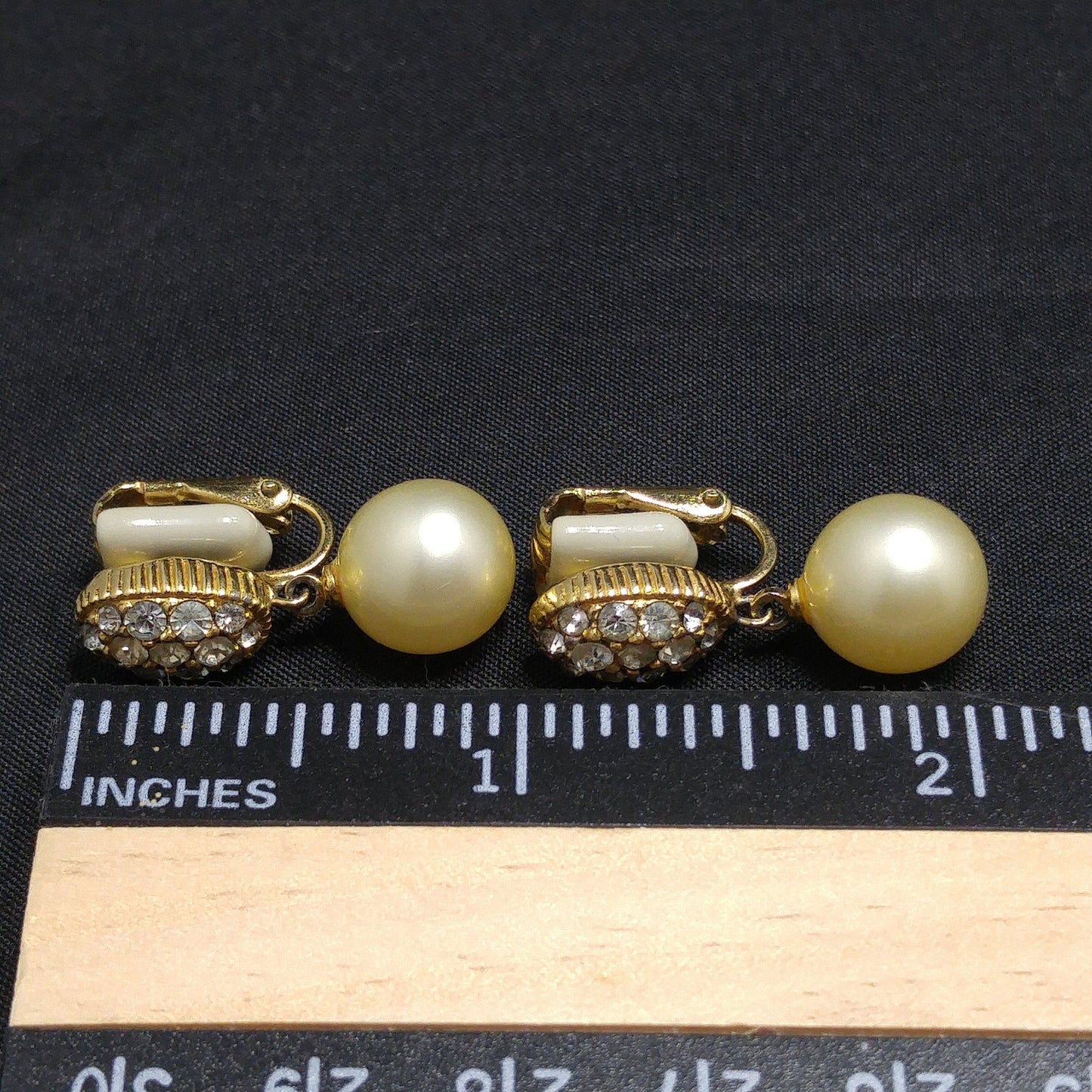 Ciner Faux Pearl Dangle Clip Earrings, Clear Rhinestones, Gold Plated, 1970s Vintage