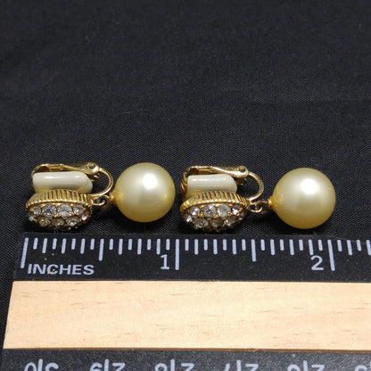 Ciner Faux Pearl Dangle Clip Earrings, Clear Rhinestones, Gold Plated, 1970s Vintage