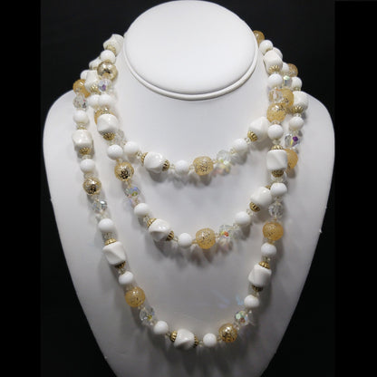 Vendome Long Beaded Crystal & Glass Necklace, Aurora Borealis, Gold Plated, 1960s Vintage Jewelry