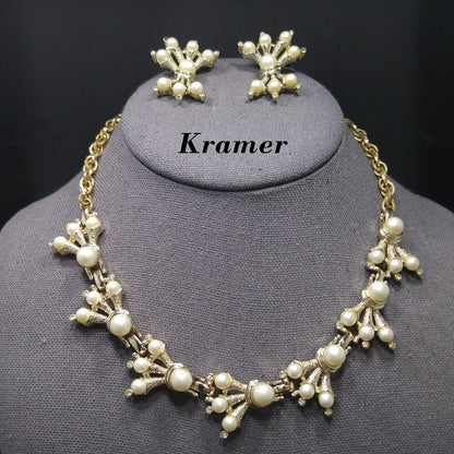 Kramer Faux Pearl Necklace Clip Earrings Set, 1960s Vintage Jewelry