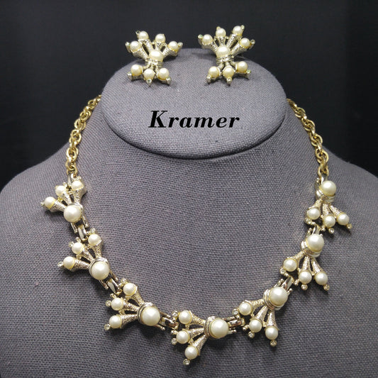 Kramer Faux Pearl Necklace Clip Earrings Set, 1960s Vintage Jewelry