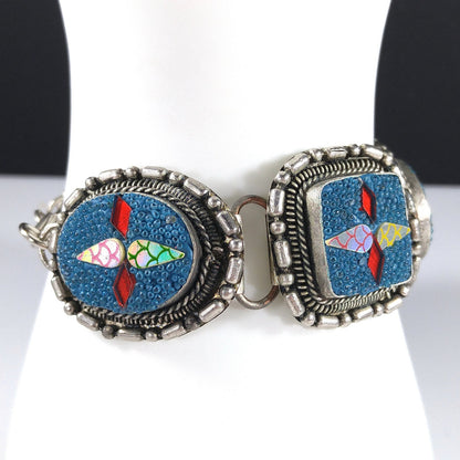 Art Crafted Five Linked Bracelet, Silver Tone, Iridescent Design, 1960s Vintage Jewelry
